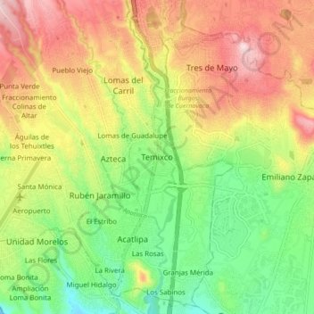 Mappa topografica Temixco, altitudine, rilievo