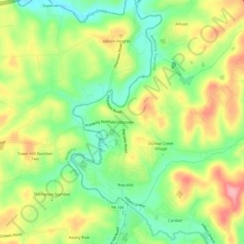 Mappa topografica Merrittstown, altitudine, rilievo