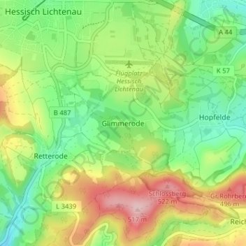Mappa topografica Glimmerode, altitudine, rilievo