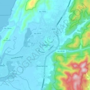 Mappa topografica Ranong, altitudine, rilievo