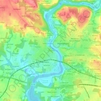 Mappa topografica Le Guiriel, altitudine, rilievo
