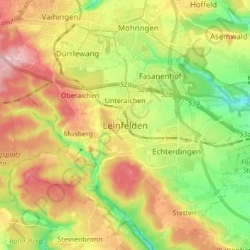 Mappa topografica Leinfelden, altitudine, rilievo