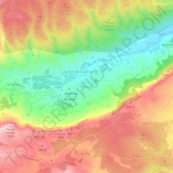 Mappa topografica Benialí, altitudine, rilievo