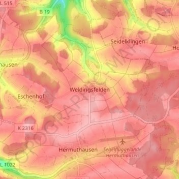 Mappa topografica Weldingsfelden, altitudine, rilievo