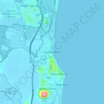 Mappa topografica Coolum Beach, altitudine, rilievo