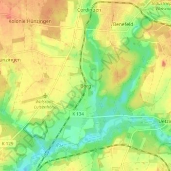 Mappa topografica Borg, altitudine, rilievo