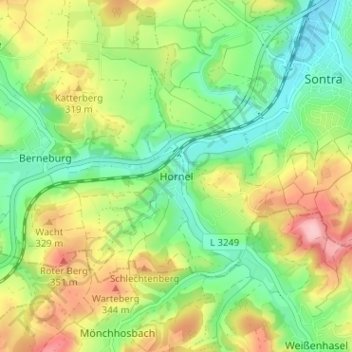 Mappa topografica Hornel, altitudine, rilievo