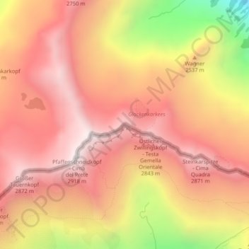 Mappa topografica Testa Gemella Occidentale, altitudine, rilievo