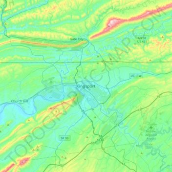 Mappa topografica Kingsport, altitudine, rilievo