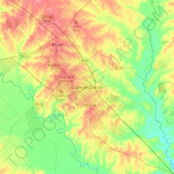 Mappa topografica College Station, altitudine, rilievo