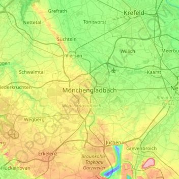 Mappa topografica Mönchengladbach, altitudine, rilievo
