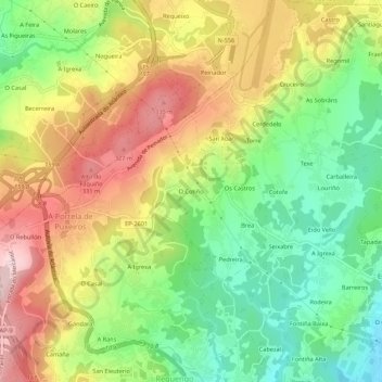 Mappa topografica O Cotiño, altitudine, rilievo