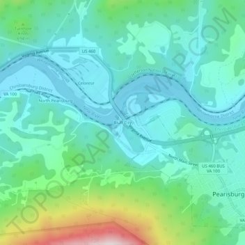Mappa topografica Bluff City, altitudine, rilievo