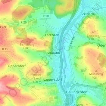 Mappa topografica Pielmühle, altitudine, rilievo