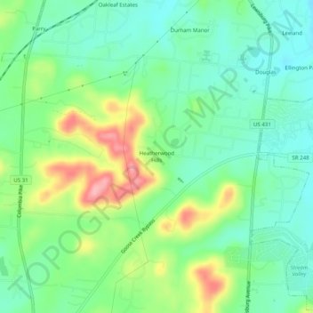 Mappa topografica Heatherwood Hills, altitudine, rilievo
