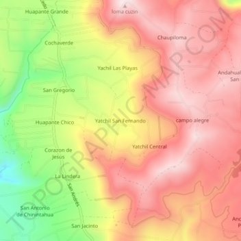 Mappa topografica Yatchil San Fernando, altitudine, rilievo