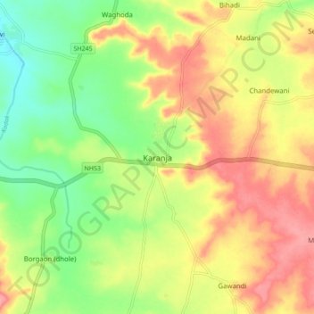 Mappa topografica Karanja, altitudine, rilievo