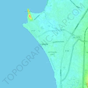 Mappa topografica Bang Saen, altitudine, rilievo