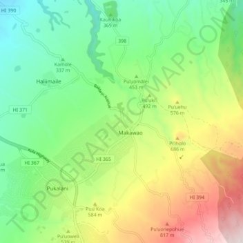 Mappa topografica Makawao, altitudine, rilievo