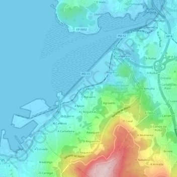 Mappa topografica A Sartán, altitudine, rilievo