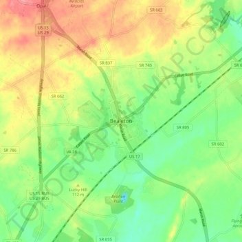 Mappa topografica Bealeton, altitudine, rilievo