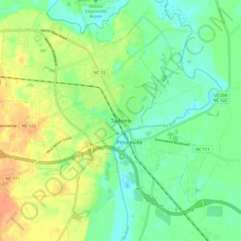 Mappa topografica Tarboro, altitudine, rilievo