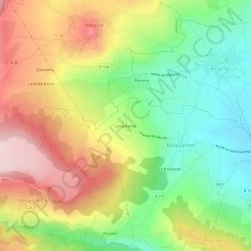 Mappa topografica Longchamp, altitudine, rilievo
