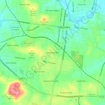 Mappa topografica Highland Park, altitudine, rilievo