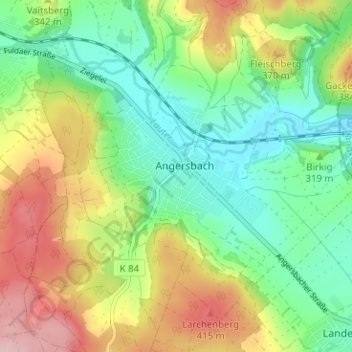 Mappa topografica Angersbach, altitudine, rilievo