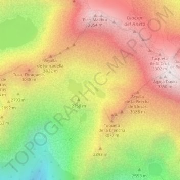 Mappa topografica Ibones de Coronas, altitudine, rilievo