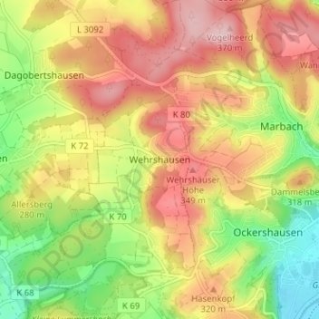 Mappa topografica Wehrshausen, altitudine, rilievo
