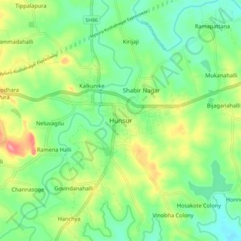 Mappa topografica Hunsur, altitudine, rilievo