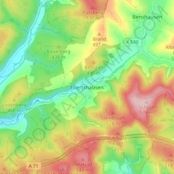 Mappa topografica Ebertshausen, altitudine, rilievo