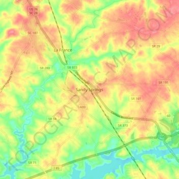 Mappa topografica Sandy Springs, altitudine, rilievo