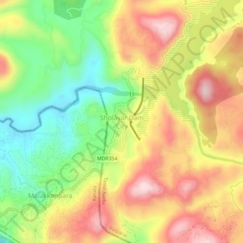 Mappa topografica Sholayar Dam City, altitudine, rilievo