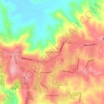 Mappa topografica Pearces Corner, altitudine, rilievo