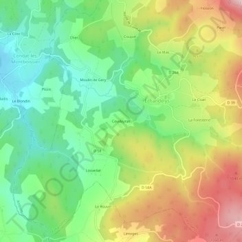 Mappa topografica Coudeyras, altitudine, rilievo