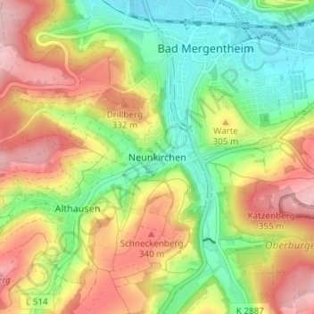 Mappa topografica Neunkirchen, altitudine, rilievo