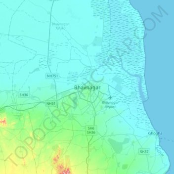 Mappa topografica Bhavnagar, altitudine, rilievo