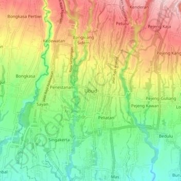 Mappa topografica Ubud, altitudine, rilievo