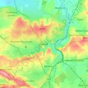 Mappa topografica Yeovil, altitudine, rilievo