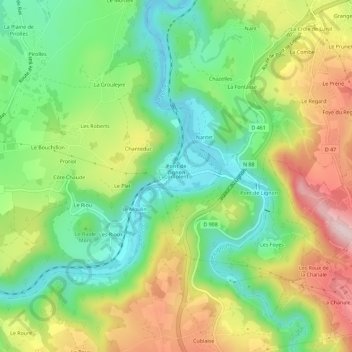 Mappa topografica Confolent, altitudine, rilievo