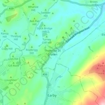 Mappa topografica Thornton In Craven, altitudine, rilievo