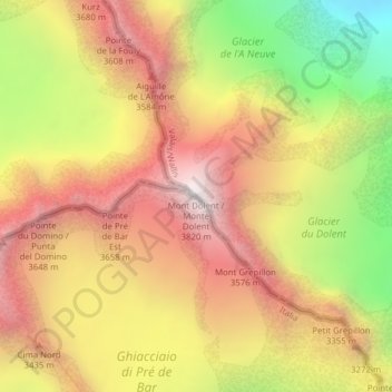 Mappa topografica Monte Dolent, altitudine, rilievo