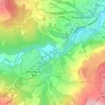 Mappa topografica Lintzford, altitudine, rilievo