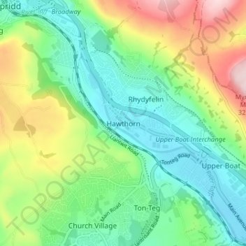 Mappa topografica Hawthorn, altitudine, rilievo