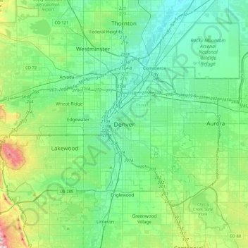 Mappa topografica Denver, altitudine, rilievo