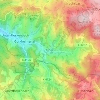 Mappa topografica Trösel, altitudine, rilievo