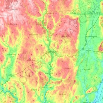 Mappa topografica Waterbury, altitudine, rilievo