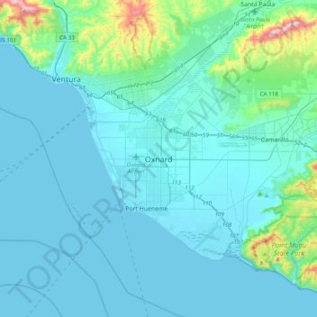 Mappa topografica Oxnard, altitudine, rilievo